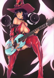 Rule 34 | 1girl, absurdres, arc system works, bare shoulders, belt, black gloves, black hair, black panties, boots, breasts, cleavage, collarbone, commentary, crotch, english commentary, fingerless gloves, gloves, green eyes, guilty gear, guilty gear xrd, guitar, hat, heterochromia, highres, i-no, instrument, large breasts, mole, mole above mouth, music, nail polish, panties, parted lips, platinum disco, playing instrument, plectrum, red hat, red nails, revealing clothes, short hair, solo, speaker, thigh boots, thighhighs, underboob, underwear, wings, witch hat, yellow eyes