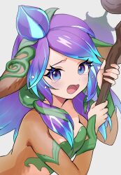 Rule 34 | 1girl, animal ears, blue eyes, blush, breasts, cleavage, d:, dark skin, flower, from side, green hair, grey background, hair flower, hair ornament, highres, holding, holding staff, horse ears, horse girl, league of legends, lillia (league of legends), looking at viewer, medium breasts, multicolored hair, open mouth, pointy ears, purple hair, simple background, solo, staff, tearing up, two-tone hair, upper body, yuhiko (unayuhi)