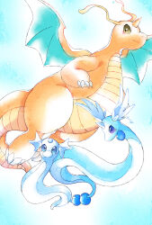 Rule 34 | absurdres, animal focus, blue background, blue eyes, blue skin, brown eyes, claws, closed mouth, colored skin, commentary request, creatures (company), dragon, dragon wings, dragonair, dragonite, dratini, evolutionary line, forehead jewel, game freak, gen 1 pokemon, gradient background, head wings, highres, horns, nintendo, no humans, ohayou milk, orange skin, pokemon, pokemon (creature), purple eyes, single horn, snake, two-tone background, white background, wings