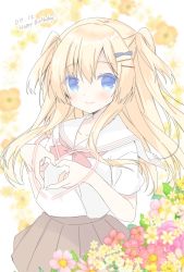 Rule 34 | 1girl, blonde hair, blue eyes, blush, bow, brown skirt, closed mouth, dated, floral background, flower, hair between eyes, hair ornament, hairclip, happy birthday, heart, heart hands, highres, looking at viewer, original, pink flower, pleated skirt, purinpurin, purple flower, red bow, red flower, sailor collar, school uniform, serafuku, shirt, skirt, smile, solo, two side up, white flower, white sailor collar, white shirt, yellow flower