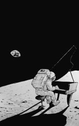 Rule 34 | 1other, ambiguous gender, astronaut, black sky, earth (planet), greyscale, instrument, monochrome, moon, music, on moon, original, piano, planet, playing instrument, playing piano, sakajun, shadow, sky, solo, stool, traditional media