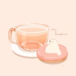 Rule 34 | animal, bear, black tea, chai (drawingchisanne), commentary request, cup, doughnut, english text, food, food focus, glass, in food, no humans, original, polar bear, signature, simple background, sitting, sweets, tea, teacup, undersized animal