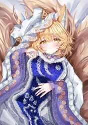 Rule 34 | 1girl, animal ears, blonde hair, blush, breasts, dress, fox ears, fox tail, hat, highres, large breasts, long sleeves, looking at viewer, mob cap, multiple tails, open mouth, sarasadou dan, short hair, solo, tabard, tail, touhou, white dress, white hat, wide sleeves, yakumo ran, yellow eyes