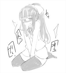 Rule 34 | 1girl, between legs, blush, bow, embarrassed, female focus, full body, greyscale, hair bow, half-closed eyes, hand between legs, have to pee, jacket, long hair, long sleeves, monochrome, new game!, own hands together, ponytail, school uniform, simple background, sitting, sketch, skirt, solo, t=k, takimoto hifumi, text focus, thighhighs, translation request, v arms, white background, zettai ryouiki