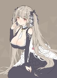 Rule 34 | 1girl, absurdly long hair, azur lane, bad id, bad twitter id, bare shoulders, between breasts, breasts, brown background, cleavage, dress, finger to cheek, formidable (azur lane), frilled dress, frills, grey hair, highres, large breasts, long hair, looking at viewer, red eyes, ribbon, shiosoda, simple background, sitting, solo, twintails, two-tone dress, two-tone ribbon, two-tone ribbons, very long hair, white legwear