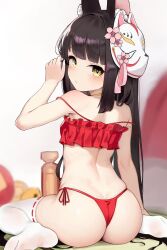 Rule 34 | 1girl, animal ear fluff, animal ears, aori (binnoaori), arm up, ass, azur lane, black hair, blush, breasts, camisole, commission, fox ears, fox mask, frilled camisole, frills, from behind, highres, long hair, looking at viewer, looking back, mask, mask on head, nagato (azur lane), nagato (great fox&#039;s respite) (azur lane), no shoes, official alternate costume, panties, red camisole, red panties, ribbon-trimmed legwear, ribbon trim, side-tie panties, sitting, skeb commission, small breasts, soles, solo, strap slip, thighhighs, thighs, thong, underwear, underwear only, very long hair, white thighhighs, yellow eyes