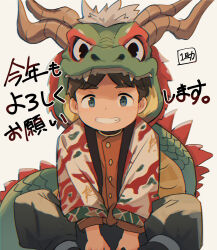 Rule 34 | 1boy, 2024, acnhiti, animal costume, blush, child, commentary request, dragon, dragon costume, dragon horns, eastern dragon, green eyes, highres, horns, japanese clothes, kimono, looking at viewer, male focus, original, simple background, solo, teeth, translation request, white background