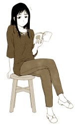 Rule 34 | 1girl, book, crossed legs, jas (littlecrime), kameidou shizuka, open book, pants, reading, sitting, solo, soredemo machi wa mawatteiru, stool