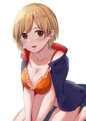 Rule 34 | 1girl, aiba yumi, bare shoulders, barefoot, blonde hair, blue jacket, blush, bra, breasts, brown eyes, cleavage, collarbone, commentary, dot nose, from above, highres, idolmaster, idolmaster cinderella girls, idolmaster cinderella girls starlight stage, jacket, jacket on shoulders, kozeni isari, looking at viewer, medium breasts, open mouth, orange bra, short hair, simple background, sitting, smile, solo, underwear, wariza, white background