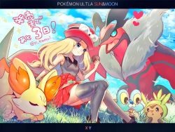 Rule 34 | 1girl, artist name, bare arms, black thighhighs, blonde hair, blue eyes, blush, chespin, closed mouth, cloud, commentary request, copyright name, creatures (company), dated, day, eyewear on headwear, fennekin, froakie, game freak, gen 6 pokemon, grass, hand up, hat, heart, holding, kamui natsuki, legendary pokemon, nintendo, outdoors, pleated skirt, pokemon, pokemon (creature), pokemon xy, red skirt, serena (pokemon), sitting, skirt, sky, smile, starter pokemon trio, sunglasses, thighhighs, translation request, yveltal