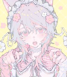 Rule 34 | 1girl, 8xvly, absurdres, animal ears, cat ears, flower, flower ring, grey hair, highres, limited palette, long hair, looking at viewer, open mouth, original, pink eyes, pink flower, plaid nails, portrait, solo, white flower, yellow background