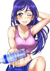 Rule 34 | 10s, 1girl, arm behind head, blue hair, blush, bottle, breasts, cleavage, earrings, highres, jewelry, large breasts, long hair, looking at viewer, love live!, love live! school idol festival, love live! sunshine!!, matsuura kanan, midriff, one eye closed, outstretched hand, ponytail, purple eyes, rushsoldier, smile, solo, water bottle