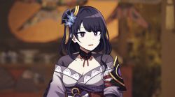 Rule 34 | 1girl, :d, architecture, armor, black hair, blunt bangs, blurry, bow, bowtie, breasts, building, cleavage, collarbone, commentary, depth of field, east asian architecture, genshin impact, hair ornament, highres, japanese clothes, lix (iroiro3843), long hair, long sleeves, looking at viewer, mole, mole under eye, obi, open mouth, purple eyes, raiden shogun, sash, shoulder armor, sidelocks, smile, solo, vision (genshin impact), wide sleeves