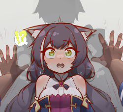 Rule 34 | !?, 1boy, 1girl, animal ear fluff, animal ears, bare shoulders, black hair, breasts, cat ears, cat girl, commentary request, detached sleeves, fang, green eyes, highres, kabedon, karyl (princess connect!), long hair, low twintails, miji doujing daile, multicolored hair, open mouth, pov, pov hands, princess connect!, spoken interrobang, streaked hair, trembling, twintails, white hair, yuuki (princess connect!)
