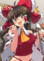 Rule 34 | 1girl, :d, ^^^, ascot, bow, breasts, brown hair, cosplay, covered erect nipples, detached sleeves, fang, fingernails, frilled bow, frills, futatsuiwa mamizou, glasses, gohei, gradient background, grey background, hair bow, hair tubes, hakurei reimu, hakurei reimu (cosplay), hands up, highres, holding, holding stick, large breasts, long hair, navel, open mouth, ribbon-trimmed sleeves, ribbon trim, round eyewear, simple background, skin fang, smile, solo, stick, surprised, touhou, uisu (noguchipint), upper body, v-shaped eyebrows
