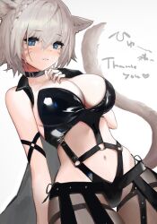 Rule 34 | 1girl, animal ears, warrior of light (ff14), black choker, blue eyes, bondage outfit, braid, breasts, cat ears, cat girl, cat tail, choker, commission, cowboy shot, cyobiro, dutch angle, facial mark, final fantasy, final fantasy xiv, fingerless gloves, gloves, large breasts, leather, looking at viewer, miqo&#039;te, navel, parted lips, short hair, side braid, skeb commission, slit pupils, solo, tail, thank you, whisker markings, white background, white hair