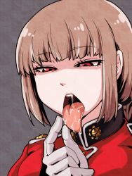 Rule 34 | 1girl, artist request, braid, brown hair, drooling, fate/grand order, fate (series), florence nightingale (fate), gloves, hosoi kozo, long hair, long tongue, open mouth, red eyes, saliva, shaded face, short hair, single braid, solo, tongue, tongue out, uniform, uvula