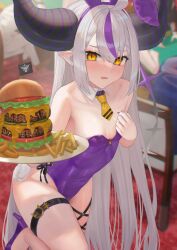Rule 34 | 1girl, absurdres, ahoge, animal ears, bare shoulders, belt, black belt, black horns, blurry, blurry background, burger, chair, cross-laced leotard, detached collar, fake animal ears, flat chest, food, french fries, grey hair, high heels, highres, holding, holding plate, hololive, horns, la+ darknesss, large horns, leotard, long hair, multicolored hair, necktie, onion rings, plate, playboy bunny, pointy ears, purple footwear, purple hair, purple leotard, purple nails, rabbit ears, rushian, short necktie, slit pupils, solo, strapless, strapless leotard, streaked hair, striped horns, sweat, thigh belt, thigh strap, thighs, very long hair, virtual youtuber, yellow eyes, yellow necktie