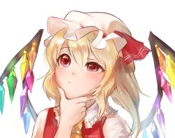 Rule 34 | 1girl, artist name, ascot, blonde hair, bow, stroking own chin, crystal, flandre scarlet, hair between eyes, hand on own chin, hat, hat bow, mob cap, non-web source, puffy short sleeves, puffy sleeves, red eyes, reddverse, short sleeves, side ponytail, signature, simple background, sketch, solo, thinking, touhou, white background, wings