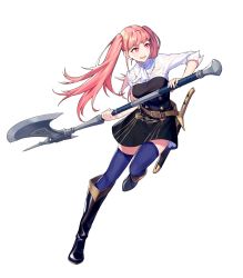Rule 34 | 1girl, axe, battle axe, belt, blue thighhighs, boots, breasts, dress, female focus, fire emblem, fire emblem: three houses, fire emblem heroes, full body, garreg mach monastery uniform, highres, hilda valentine goneril, holding, holding axe, holding weapon, knee boots, large breasts, long hair, matching hair/eyes, nintendo, non-web source, official art, open mouth, pink eyes, pink hair, polearm, short dress, skirt, sleeves rolled up, smile, solo, sword, thighhighs, thighhighs under boots, thighs, transparent background, twintails, weapon, zettai ryouiki
