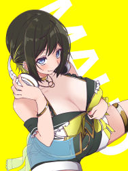 Rule 34 | 163 (shiromeshi), 1girl, akashi maho, bangle, black hair, black shorts, blonde hair, blouse, blue eyes, bracelet, breasts, character name, cleavage, collarbone, covered erect nipples, cowboy shot, d4dj, frilled straps, from above, gold choker, gold necklace, half updo, halterneck, headphones, headphones around neck, jewelry, large breasts, looking at viewer, looking up, multicolored hair, multicolored shirt, necklace, shirt, short hair, shorts, sidelocks, simple background, sitting, smile, solo, spaghetti strap, spread legs, thighlet, unzipping, white shirt, yellow background, yellow shirt, zipper, zipper pull tab