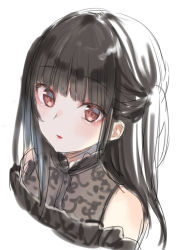 Rule 34 | 1girl, bare shoulders, black hair, black shirt, blush, brown eyes, closed mouth, clothing cutout, commentary request, cropped torso, long hair, looking at viewer, midorikawa you, one side up, original, red lips, shirt, shoulder cutout, simple background, sketch, solo, upper body, white background