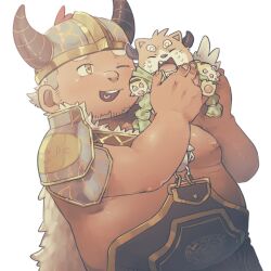 Rule 34 | 1boy, animal hands, armor, bara, batten xxxx, big belly, cape, chimera, closed mouth, crave saga, creature, crying, dark-skinned male, dark skin, facial hair, fake horns, fat, fat man, fur cape, grey hair, heart, heart in mouth, helmet, holding, holding creature, horned helmet, horns, inverted nipples, male focus, mjolnir (crave saga), muscular, muscular male, one eye closed, open mouth, orto (crave saga), overalls, pauldrons, shoulder armor, simple background, smile, thick eyebrows, white background, yellow eyes