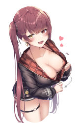 Rule 34 | 1girl, absurdres, bikini, bikini under clothes, blush, breasts, earrings, fang, heart, heart earrings, heterochromia, highres, hololive, houshou marine, houshou marine (summer), jacket, jewelry, large breasts, long hair, open mouth, red bikini, red eyes, red hair, simple background, smile, solo, swimsuit, thigh strap, tousaki (tousakiworks), twintails, unzipping, very long hair, virtual youtuber, white background, yellow eyes