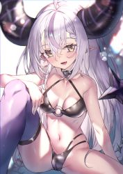 Rule 34 | 1girl, :d, ass, bare shoulders, bikini, black bikini, blush, braid, cameltoe, hair between eyes, highres, hololive, horns, la+ darknesss, long hair, looking at viewer, multicolored hair, navel, open mouth, pointy ears, purple hair, redcomet, sitting, smile, solo, spread legs, swimsuit, tail, two-tone hair, very long hair, virtual youtuber, yellow eyes