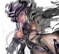 Rule 34 | 1girl, aoin, armor, breasts, cleavage, forehead jewel, gloves, helmet, image sample, league of legends, pauldrons, purple eyes, shoulder armor, silver hair, simple background, smile, solo, syndra, white background