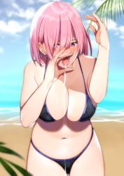Rule 34 | 1girl, adapted costume, alternate costume, beach, bikini, black bikini, blurry, blush, breasts, caustics, cleavage, commentary request, cowboy shot, day, depth of field, fate/grand order, fate (series), fingernails, hair between eyes, hair over one eye, halterneck, hand to own mouth, highres, large breasts, light purple hair, long fingernails, looking at viewer, mairudo (mildcoffee1117), mash kyrielight, navel, ocean, open mouth, oral invitation, outdoors, parted bangs, purple eyes, purple hair, saliva, saliva trail, short hair, solo, standing, striped bikini, striped clothes, swimsuit