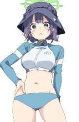 Rule 34 | 1girl, bikini, bikini bottom only, blue archive, commentary request, cropped jacket, green eyes, hair between eyes, halo, hand on own hip, hat, long sleeves, looking at viewer, momomatang, navel, official alternate costume, purple hair, raglan sleeves, saki (blue archive), saki (swimsuit) (blue archive), short hair, sidelocks, simple background, solo, stomach, swimsuit, white background