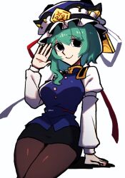 Rule 34 | 1girl, asymmetrical hair, black eyes, black pantyhose, black skirt, blue hat, blue vest, bow, breasts, buttons, closed mouth, commentary request, epaulettes, frilled hat, frills, green hair, hat, hat ribbon, head tilt, highres, iganashi1, juliet sleeves, large breasts, long sleeves, looking at viewer, pantyhose, pencil skirt, puffy sleeves, red bow, ribbon, shiki eiki, shirt, short hair, sitting, skirt, sleeve bow, smile, solo, touhou, vest, white bow, white shirt