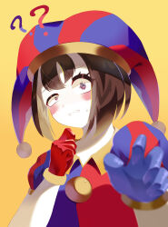 1girl ? ?? animification asymmetrical_gloves asymmetrical_legwear blue_gloves blue_hat blush brown_hair clenched_teeth commentary_request gloves hat highres j4ck jester_cap looking_at_viewer mismatched_gloves pomni_(the_amazing_digital_circus) puffy_short_sleeves puffy_sleeves red_gloves red_hat short_hair short_sleeves simple_background solo squiggle_eyes teeth the_amazing_digital_circus two-tone_hat uneven_legwear upper_body yellow_background