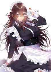 Rule 34 | 1girl, blush, breasts, brown hair, cowboy shot, gloves, hair between eyes, heart, highres, large breasts, long hair, looking at viewer, maid, maid headdress, onineko-chan, original, simple background, solo, standing, v, white background, yellow eyes