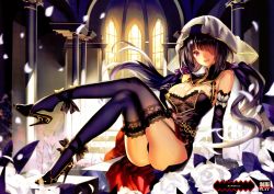 Rule 34 | 10s, 1girl, absurdres, arm support, bare shoulders, black gloves, black hair, black thighhighs, breasts, cleavage, crossed legs, date a live, female focus, flower, garter straps, gloves, hair over one eye, high heels, highres, large breasts, legs, long hair, long legs, looking at viewer, miyazakisoul, red eyes, rose, see-through, shoe dangle, smile, solo, thighhighs, tokisaki kurumi, twintails, white flower, white rose