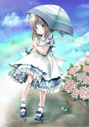 Rule 34 | 1girl, apron, brown hair, cloud, day, female focus, flower, frills, frog, full body, green eyes, highres, holding, hydrangea, legs, lizrin, maid, maid apron, mary janes, nature, open mouth, original, outdoors, rainbow, ripples, shoes, sky, socks, solo, standing, umbrella, water