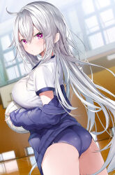 Rule 34 | 1girl, absurdres, ahoge, ass, ball, basketball hoop, blue buruma, blue jacket, blurry, blurry background, blush, breasts, buruma, closed mouth, commentary request, depth of field, grey hair, hair between eyes, highres, holding, holding ball, indoors, jacket, kamioka shun&#039;ya, large breasts, long sleeves, looking at viewer, looking back, off shoulder, open clothes, open jacket, original, pointy ears, puffy long sleeves, puffy sleeves, purple eyes, shiori (kamioka shun&#039;ya), shirt, short sleeves, sleeves past wrists, solo, sunlight, sweat, volleyball, volleyball (object), white shirt, window