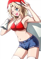 Rule 34 | 1girl, bikini, bikini top only, blonde hair, blue eyes, breasts, christmas, cleavage, commentary, cowboy shot, cutoffs, denim, denim shorts, girls und panzer, hair intakes, halterneck, hat, highres, holding, holding sack, kay (girls und panzer), looking at viewer, medium breasts, medium hair, navel, omachi (slabco), one eye closed, open mouth, over shoulder, red bikini, red hat, sack, salute, santa hat, short shorts, shorts, simple background, smile, solo, standing, swimsuit, thighhighs, two-finger salute, white background, white thighhighs