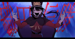 Rule 34 | 1boy, black mouth, blue background, crazy smile, family crest, fate/grand order, fate (series), gloves, hair between eyes, hat, highres, long sleeves, low ponytail, military hat, mipi, oda nobukatsu (fate), oda uri, pants, red eyes, red pants, red shirt, shako cap, shirt, sidelocks, smile, solo, trap