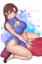 Rule 34 | 1girl, anklet, artist name, ass, bottomless, bracelet, breasts, brown eyes, brown hair, china dress, chinese clothes, cleavage, cleavage cutout, clothing cutout, dress, highres, hong xiu ying, jewelry, large breasts, long hair, looking at viewer, melowh, no panties, ponytail, sega, shenmue, shenmue ii, sitting, sitting on object, thick thighs, thighs