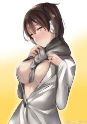 Rule 34 | 1girl, bad id, bad pixiv id, between breasts, blush, breasts, brown hair, character request, clothes between breasts, earmuffs, fringe trim, gradient background, half-closed eyes, head tilt, juurouta, kantai collection, large breasts, long sleeves, looking at viewer, scarf, solo, twitter username, upper body