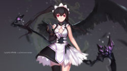 Rule 34 | 1girl, artist name, asymmetrical clothes, asymmetrical hair, asymmetrical legwear, asymmetrical wings, bad id, bad pixiv id, black feathers, black hair, black wings, character name, detached sleeves, feathers, grey background, highres, holding, holding weapon, maid, maid headdress, original, red eyes, scythe, sketch, smile, solo, swd3e2, tearing up, thighhighs, uneven legwear, weapon, wings