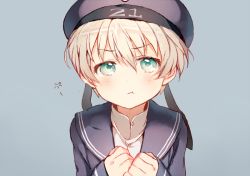 Rule 34 | 10s, 1girl, :t, beret, blonde hair, clothes writing, green eyes, hat, kantai collection, looking at viewer, pout, sailor collar, sailor hat, shigaraki (strobe blue), short hair, simple background, solo, z1 leberecht maass (kancolle)