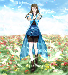 Rule 34 | 1990s (style), 1girl, bike shorts, boots, brown eyes, brown hair, detached sleeves, feathers, female focus, field, final fantasy, final fantasy viii, flower, flower field, full body, jewelry, long hair, miniskirt, nature, necklace, outdoors, outstretched arms, rinoa heartilly, shorts, skirt, sky, solo, standing, text focus, yuzulu saeki, yuzuru saeki