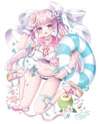 Rule 34 | 1girl, :d, arm up, bikini, blush, bow, breasts, brown footwear, cleavage, commentary request, crazy straw, double scoop, drinking straw, flower, food, frilled bikini, frilled sailor collar, frills, fruit cup, full body, hair flower, hair ornament, heart straw, highres, holding, holding food, ice cream, innertube, kohinata hoshimi, looking at viewer, medium breasts, mismatched bikini, navel, open mouth, original, pink hair, pink sailor collar, purple bikini, purple eyes, sailor collar, sandals, signature, simple background, sitting, smile, solo, swim ring, swimsuit, twintails, wariza, white background, white bikini, white bow, white flower, wrist cuffs