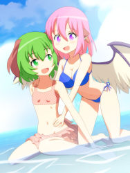 Rule 34 | 2girls, :d, animal ears, arm support, barefoot, bikini, bikini skirt, blue bikini, breasts, cato (monocatienus), cleavage, cloud, collarbone, crop top, day, dog ears, earrings, feathered wings, flat chest, frilled skirt, frills, green eyes, green hair, hair between eyes, hands on another&#039;s hips, hands on another&#039;s shoulders, highres, jewelry, kasodani kyouko, kneeling, large breasts, leaning forward, looking at another, midriff, multiple girls, mystia lorelei, navel, open mouth, outdoors, partially submerged, pink eyes, pink hair, purple eyes, short hair, side-tie bikini bottom, sitting, skirt, sky, small breasts, smile, swimsuit, tankini, touhou, wading, water, wings