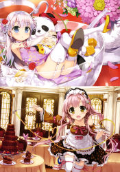 Rule 34 | 2girls, absurdres, blue eyes, breasts, cake, china dress, chinese clothes, collarbone, detached sleeves, dress, eyebrows, flower, food, fujima takuya, garter straps, groin, hair flower, hair ornament, highres, holding, hug, leg up, long hair, lying, maid, maid headdress, multiple girls, neck ribbon, on back, original, panties, pink hair, pink ribbon, purple dress, red flower, ribbon, scan, sideboob, silver hair, small breasts, thighhighs, twintails, underwear, very long hair, white legwear, white panties, zettai ryouiki