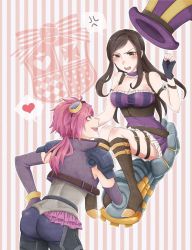 Rule 34 | 2girls, anger vein, ass, blush, boots, brown eyes, brown hair, caitlyn (league of legends), elbow gloves, fingerless gloves, gloves, hands on own hips, hat, league of legends, long hair, multiple girls, open mouth, pink hair, sitting, thigh strap, vi (league of legends)