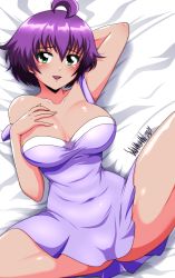 Rule 34 | 1girl, absurdres, arm behind head, armpits, artist name, bed, breasts, covered navel, dress, green eyes, hand on own chest, highres, large breasts, legs, looking at viewer, lying, open mouth, original, purple hair, short hair, smile, solo, spread legs, thighs, yukino akaihi